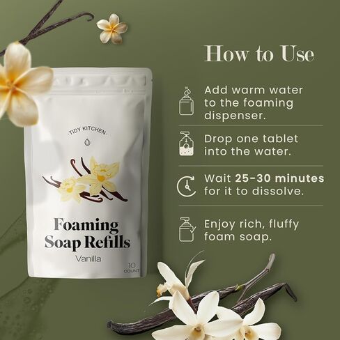 Foaming Hand Soap Refills Tablets – 10 Count | Moisturizing Hand Soap Foam Refill for Kitchen and Bathroom | Easy to Use, Soft & Fluffy Foam, Hand Wash Refill for Dispensers (Vanilla) in Saudi Arabia