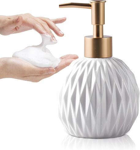 Ceramics Gold Soap Dispenser for Bathroom, Relief Soap Dispenser for Kitchen Sink, 400ml/13.5Oz Refillable Liquid Hand Soap Bottle with Gold Pump (White). in Saudi Arabia