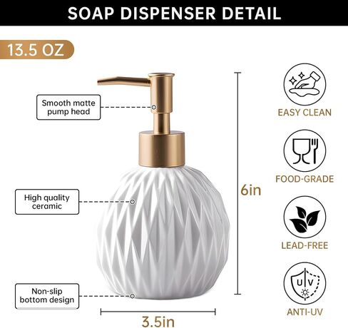 Ceramics Gold Soap Dispenser for Bathroom, Relief Soap Dispenser for Kitchen Sink, 400ml/13.5Oz Refillable Liquid Hand Soap Bottle with Gold Pump (White). in Saudi Arabia