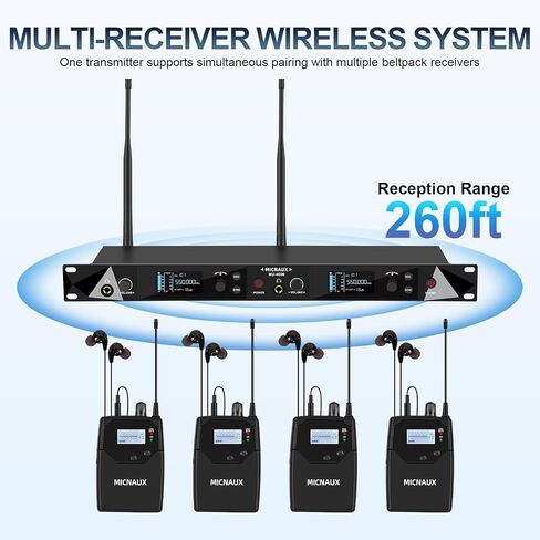 Wireless in Ear Monitor System ، نظامان UHF Pro Mono IEM للموسيقيين المغنيين ، الترددات 2x40 ، نطاق 330 قدمًا ، جهاز إرسال رف ومستقبل Bodypacks للفرقة ، الاستوديو (2 حزمة) in Kuwait