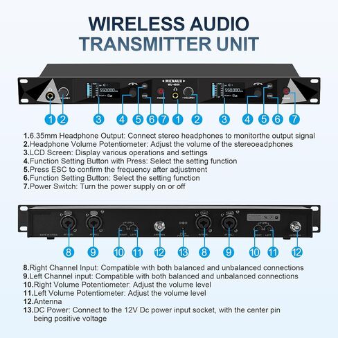 Wireless in Ear Monitor System ، نظامان UHF Pro Mono IEM للموسيقيين المغنيين ، الترددات 2x40 ، نطاق 330 قدمًا ، جهاز إرسال رف ومستقبل Bodypacks للفرقة ، الاستوديو (2 حزمة) in Kuwait