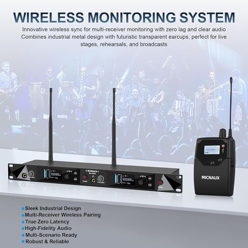 Wireless in Ear Monitor System ، نظامان UHF Pro Mono IEM للموسيقيين المغنيين ، الترددات 2x40 ، نطاق 330 قدمًا ، جهاز إرسال رف ومستقبل Bodypacks للفرقة ، الاستوديو (2 حزمة) in Kuwait