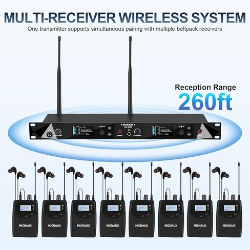 Wireless in Ear Monitor System ، نظامان UHF Pro Mono IEM للموسيقيين المغنيين ، الترددات 2x40 ، نطاق 330 قدمًا ، جهاز إرسال رف ومستقبل Bodypacks للفرقة ، الاستوديو (2 حزمة) in Kuwait