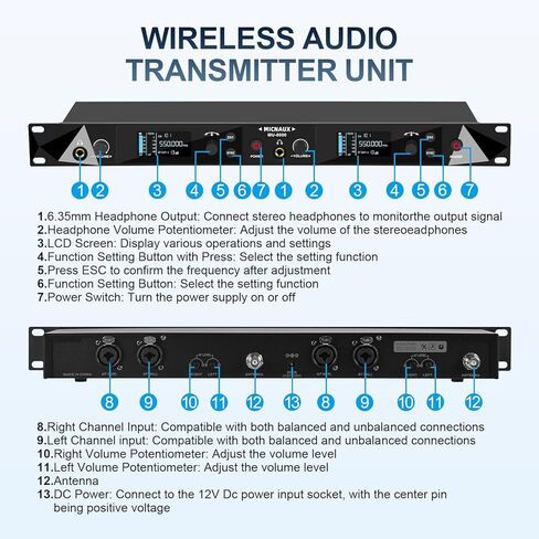 Wireless in Ear Monitor System ، نظامان UHF Pro Mono IEM للموسيقيين المغنيين ، الترددات 2x40 ، نطاق 330 قدمًا ، جهاز إرسال رف ومستقبل Bodypacks للفرقة ، الاستوديو (2 حزمة) in Kuwait