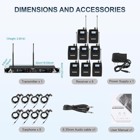 Wireless in Ear Monitor System ، نظامان UHF Pro Mono IEM للموسيقيين المغنيين ، الترددات 2x40 ، نطاق 330 قدمًا ، جهاز إرسال رف ومستقبل Bodypacks للفرقة ، الاستوديو (2 حزمة) in Kuwait