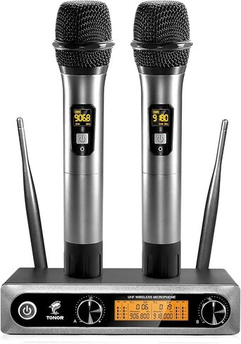 الميكروفونات اللاسلكية Tonor ، نظام ميكروفون MIC للميكروفون الديناميكي المزدوج للمعادن للمعادن للميكروفون للمنزل الكاريوكي ، الاجتماع ، الحفلات ، الكنيسة ، دي جي ، حفل زفاف ، مجموعة KTV الرئيسية ، 200 قدم ، TW-820 Silver in Kuwait