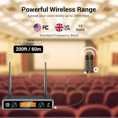 TONOR Wireless Microphones, Metal Dual Professional UHF Cordless Dynamic Mic Handheld Microphone System for Home Karaoke, Meeting, Party, Church, DJ, Wedding, Home KTV Set, 200ft, TW-820 Silver in Saudi Arabia