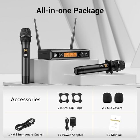 TONOR Wireless Microphones, Metal Dual Professional UHF Cordless Dynamic Mic Handheld Microphone System for Home Karaoke, Meeting, Party, Church, DJ, Wedding, Home KTV Set, 200ft, TW-820 Silver in Saudi Arabia