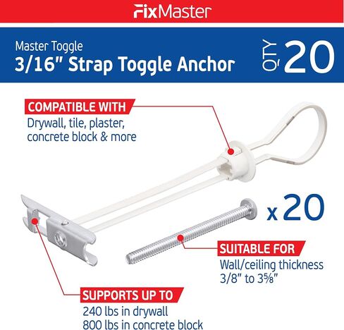 3/16" Heavy Duty Master Toggle-Bolt Strap Anchors (20 Pack) w/ 20 Steel Threaded Studs - 3/16"-24 UNC Fastener Size - Great for TV mounting, 240 lb Holding Strength in Saudi Arabia