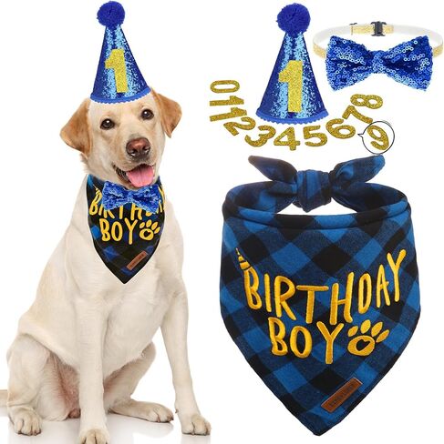EXPAWLORER Dog Birthday Party Supplies - Birthday Boy Dog Bandana, Dog Birthday Hat with Numbers, Elegant Bow Tie Dog Collar, Cute Dog Birthday Outfit for Large X-Large Dogs (X-Large, Blue) in Saudi Arabia