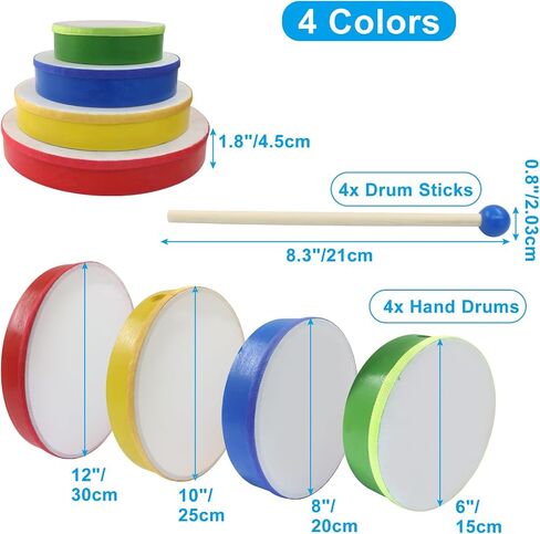 Zorfeter 4 Pcs Hand Drums, Multicolor Wood Frame Drum Set Drum Stick for Beginners Home Party Supplies(12", 10", 8", 6") in Saudi Arabia