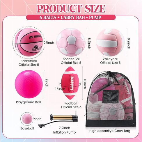 6 Pcs Multi Sport Ball Set Official Size Football, Basketball, Soccer, Volleyball, Playground Ball, Baseball with Equipment Bag Pump for Teen Adult Sport Gift Back to School in Saudi Arabia
