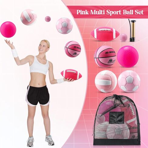 6 Pcs Multi Sport Ball Set Official Size Football, Basketball, Soccer, Volleyball, Playground Ball, Baseball with Equipment Bag Pump for Teen Adult Sport Gift Back to School in Saudi Arabia