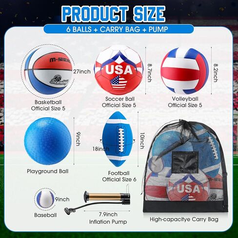 6 PCS كرة رياضية متعددة مجموعة كرة القدم الرسمية وكرة السلة وكرة القدم والكرة الطائرة وكرة الملعب والبيسبول مع مضخة حقيبة معدات للهدية الرياضية البالغة في سن المراهقة العودة إلى المدرسة in Kuwait
