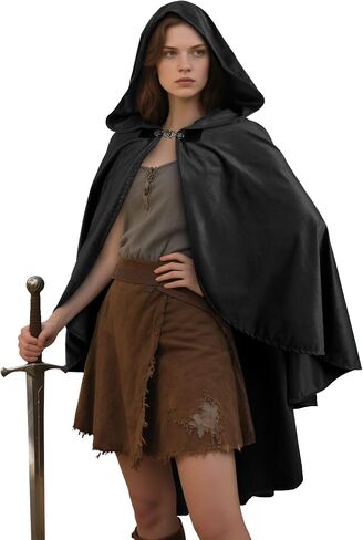 MCJC Medieval Hooded Cloak, Halloween Costume Cape, Black Velvet with Hood, Renaissance Robe in Saudi Arabia