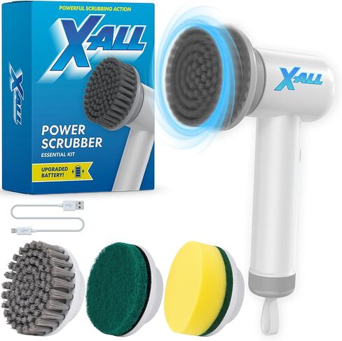 Electric Spin Power Scrubber - Rechargeable Lightweight Waterproof Cordless 2-Speed Control Cleaning Tool with 2 Spin Brush Heads - White in Saudi Arabia