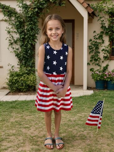 Toddler Baby Girl 4th of July Dresses Independence Day Outfit Kid American Flag Star Stripe Patriotic Dress Clothes in Saudi Arabia