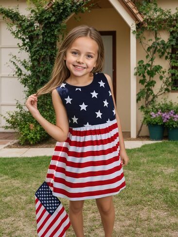Toddler Baby Girl 4th of July Dresses Independence Day Outfit Kid American Flag Star Stripe Patriotic Dress Clothes in Saudi Arabia