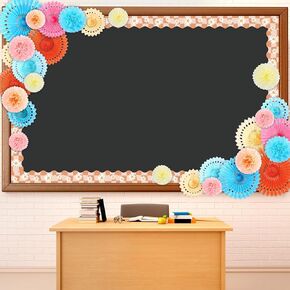 Supervitae 46 PCS Spring Bulletin Decorations Spring Flowers Classroom Bulletin Border with Paper Fans Trisue Paper Flowers for Champroom Blackboard Home Wall Decorations in Kuwait