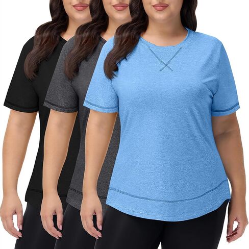 Coume 3 Pack Women's Plus Size Workout Tops Short Sleeve Loose Fit Crew Neck Shirts Quick Dry Gym Clothes in Kuwait
