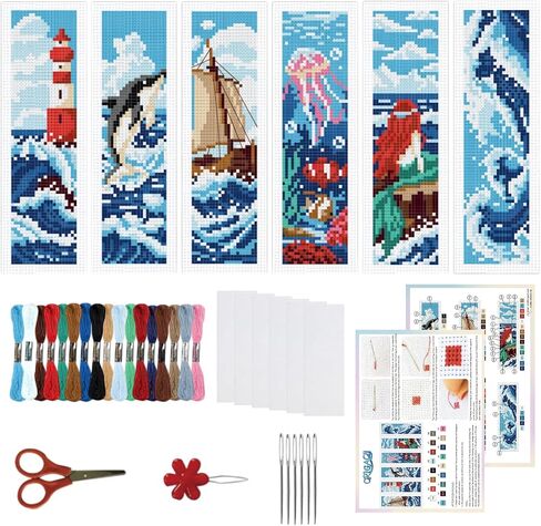 ORIGACH 6 Pcs Cross Stitch Bookmark Kit for Beginner with Backing Felt Floss Instruction Cat Teacup DIY Stamped Embroidery Bookmark Kit for Starter Adults Book Lovers in Kuwait