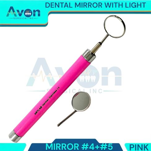 مقبض مرآة فحص اللون الوردي مع إضاءة الضوء والمرآة #4 + #5 ، أداة فحص الأسنان ، وأجهزة الرعاية عن طريق الفم - الفولاذ المقاوم للصدأ الألماني in Kuwait