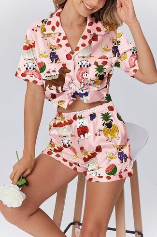Ekouaer Womens Silk Satin Pajamas Set Animals Print PJS Button Down Lounge Lounge Set 2 قطعة نوم in Saudi Arabia