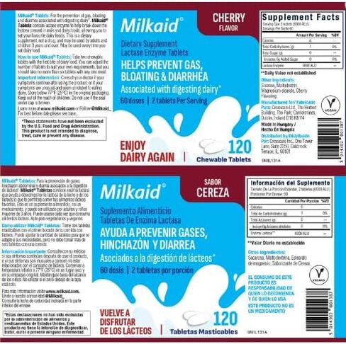 Milkaid Lactase Enzyme Chewable Tablets for Lactose Intolerance Relief | Prevents Gas, Bloating & Diarrhea | Fast Acting Dairy Digestive Supplement (120 Tablets, Cherry) in Saudi Arabia