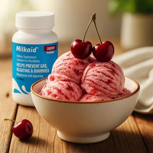 Milkaid Lactase Enzyme Chewable Tablets for Lactose Intolerance Relief | Prevents Gas, Bloating & Diarrhea | Fast Acting Dairy Digestive Supplement (120 Tablets, Cherry) in Saudi Arabia