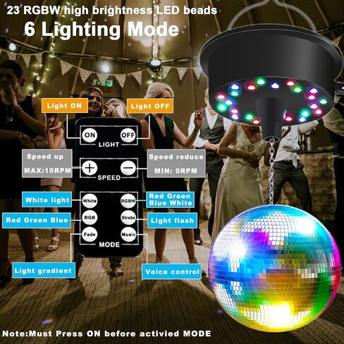 مرايا محرك الكرة مع الدوار عن بعد ، 5-10 دورة في الدقيقة قابلة للتعديل مع 23 RGBW LED مع وضع متعدد الضوء والتحكم في الصوت من 6 إلى 12 بوصة كرة المرآة (غير متضمن) in Saudi Arabia