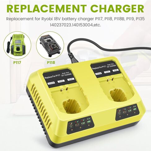 منفذ شحن مزدوج P117 شاحن سريع (متعدد الكيمياء) لRyobi 12V-18V ONE+ NiCd/NiMh/ليثيوم أدوات محطة شحن البطارية تناسب P100 P102 P103 P105 P107 P108 P122 P189 P191 P197 in Kuwait