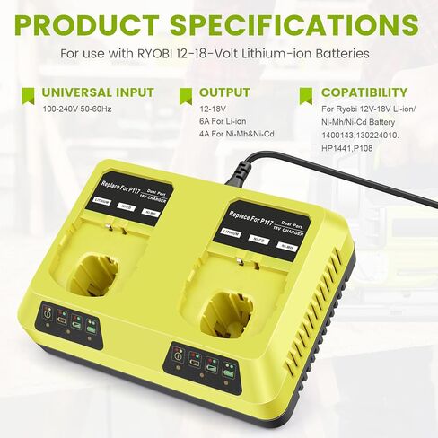 منفذ شحن مزدوج P117 شاحن سريع (متعدد الكيمياء) لRyobi 12V-18V ONE+ NiCd/NiMh/ليثيوم أدوات محطة شحن البطارية تناسب P100 P102 P103 P105 P107 P108 P122 P189 P191 P197 in Kuwait