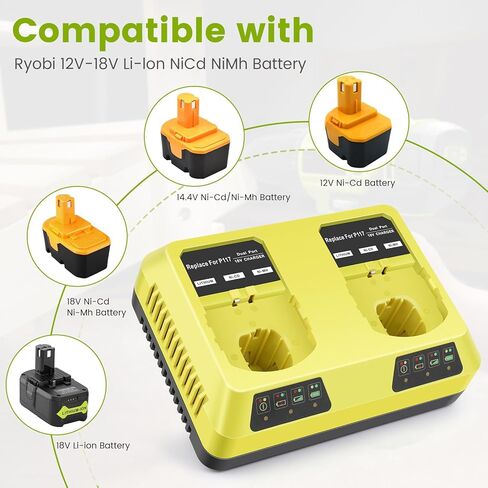 منفذ شحن مزدوج P117 شاحن سريع (متعدد الكيمياء) لRyobi 12V-18V ONE+ NiCd/NiMh/ليثيوم أدوات محطة شحن البطارية تناسب P100 P102 P103 P105 P107 P108 P122 P189 P191 P197 in Kuwait