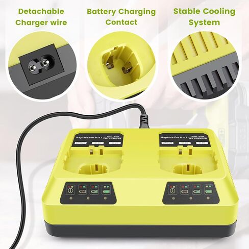منفذ شحن مزدوج P117 شاحن سريع (متعدد الكيمياء) لRyobi 12V-18V ONE+ NiCd/NiMh/ليثيوم أدوات محطة شحن البطارية تناسب P100 P102 P103 P105 P107 P108 P122 P189 P191 P197 in Kuwait