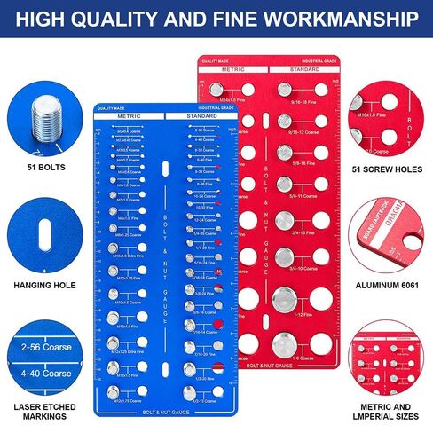 51 Nut and Bolt Thread Checker, Thread Gauge SAE & Metric with Screw Size Chart for Quickly Identifying Thread Sizes, Bolt Size Finder Made of Durable 6061 Aluminum for DIY, Automotive - Gifts for Men in Saudi Arabia