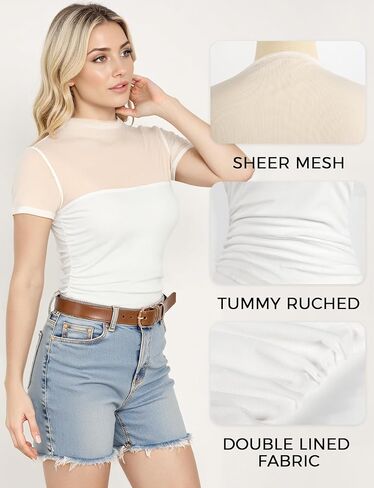 Women Short Sleeve Shirts Sheer Mesh Bodysuit Mock Turtle Neck Trendy Sexy Ruched Going Out Fishnet Bodysuits Tops in Saudi Arabia