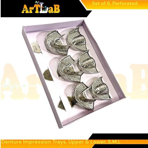 طقم 6pcs - صواني انطباع أسنان آمنة من الفولاذ المقاوم للصدأ الألماني ، والتصميم المثقب ، والأزواج العلوية والسفلية - M ، M ، L in Kuwait