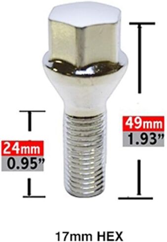 Wheel Accessories Parts Set of 20 Chrome 14x1.5 Lug Bolts Conical Seat with 17mm Hex, 33 mm Shank Length, Acorn Seat Lug Bolt Designed for Aftermarket Wheels (20 Bolts, Chrome, M14x1.5/14 1.5) in Saudi Arabia