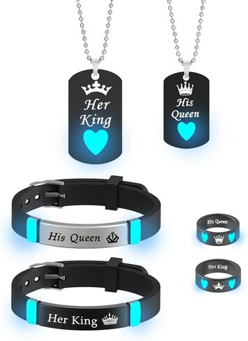 6-Piece Set Glowing Heart Crown His King Her Queen Stainless Steel Couple Necklace Ring Fashion Love Gift in Kuwait