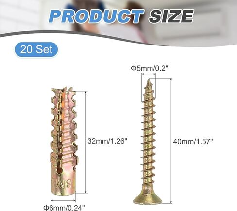 PATIKIL 20 Pcs Drywall Hollow Wall Anchors with Screws 0.16 x 1.38, Steel Dry Wall Anchors Kit for Wooden Concrete Plaster Hinge Hole Repair, Brass (5 x 30mm) in Saudi Arabia