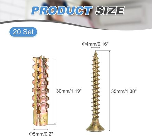 PATIKIL 20 Pcs Drywall Hollow Wall Anchors with Screws 0.16 x 1.38, Steel Dry Wall Anchors Kit for Wooden Concrete Plaster Hinge Hole Repair, Brass (5 x 30mm) in Saudi Arabia