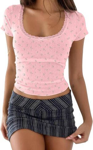Cioatin Women Y2K Lace Bow Patchwork Pointelle Crop Tshirt Short Sleeve Scoop Neck Fitted Girls Coquette Tee Tops Summer in Saudi Arabia