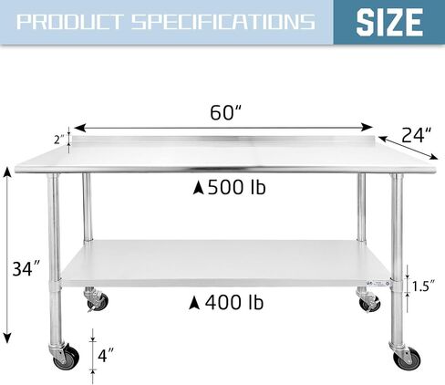 Hally Stainless Steel Table for Prep & Work 24 x 60 Inches with Caster Wheels, NSF Commercial Heavy Duty Table with Undershelf and Backsplash for Restaurant, Home and Hotel in Kuwait