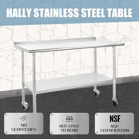Hally Stainless Steel Table for Prep & Work 24 x 60 Inches with Caster Wheels, NSF Commercial Heavy Duty Table with Undershelf and Backsplash for Restaurant, Home and Hotel in Kuwait