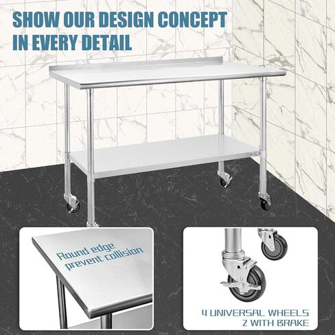 Hally Stainless Steel Table for Prep & Work 24 x 60 Inches with Caster Wheels, NSF Commercial Heavy Duty Table with Undershelf and Backsplash for Restaurant, Home and Hotel in Kuwait