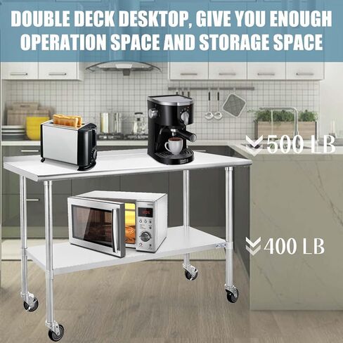 Hally Stainless Steel Table for Prep & Work 24 x 60 Inches with Caster Wheels, NSF Commercial Heavy Duty Table with Undershelf and Backsplash for Restaurant, Home and Hotel in Kuwait