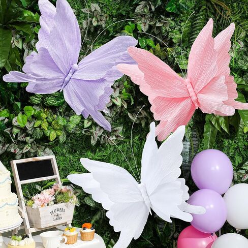 Honoson 3pcs Large Butterfly Party Decorations Hanging 3D Crepe Paper Butterfly Decoration Purple Pink White Giant Supply for Party Birthday Baby Shower Wedding Garden Wall(11inch，20 Inch) in Saudi Arabia