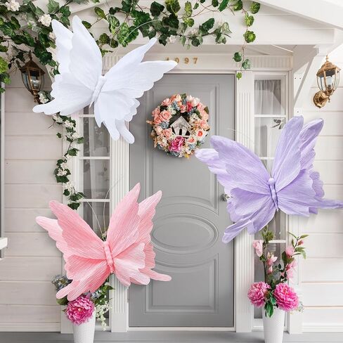 Honoson 3pcs Large Butterfly Party Decorations Hanging 3D Crepe Paper Butterfly Decoration Purple Pink White Giant Supply for Party Birthday Baby Shower Wedding Garden Wall(11inch，20 Inch) in Saudi Arabia