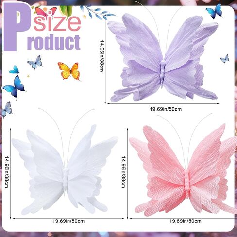 Honoson 3pcs Large Butterfly Party Decorations Hanging 3D Crepe Paper Butterfly Decoration Purple Pink White Giant Supply for Party Birthday Baby Shower Wedding Garden Wall(11inch，20 Inch) in Saudi Arabia