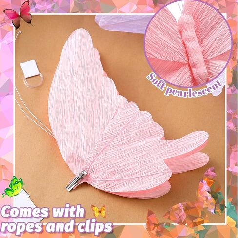 Honoson 3pcs Large Butterfly Party Decorations Hanging 3D Crepe Paper Butterfly Decoration Purple Pink White Giant Supply for Party Birthday Baby Shower Wedding Garden Wall(11inch，20 Inch) in Saudi Arabia